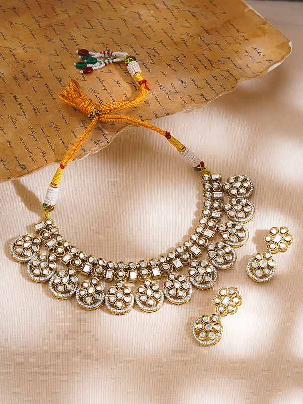 Gold Plated Circular Drop Floral Kundan Collar Necklace Set