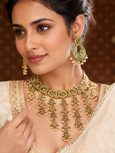 Gold Plated Kundan Pearl Beaded Emerald Necklace Set With MaangTikka