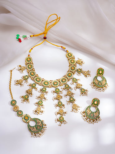 Gold Plated Kundan Pearl Beaded Emerald Necklace Set With MaangTikka