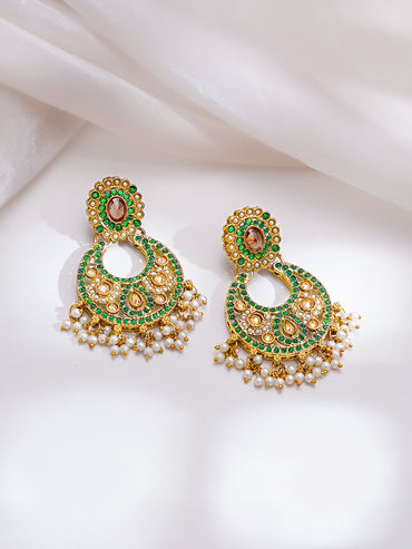 Gold Plated Kundan Pearl Beaded Emerald Necklace Set With MaangTikka