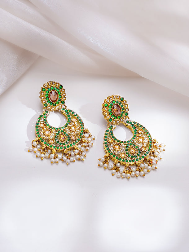 Gold Plated Kundan Pearl Beaded Emerald Necklace Set With MaangTikka
