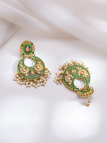 Gold Plated Kundan Pearl Beaded Emerald Necklace Set With MaangTikka