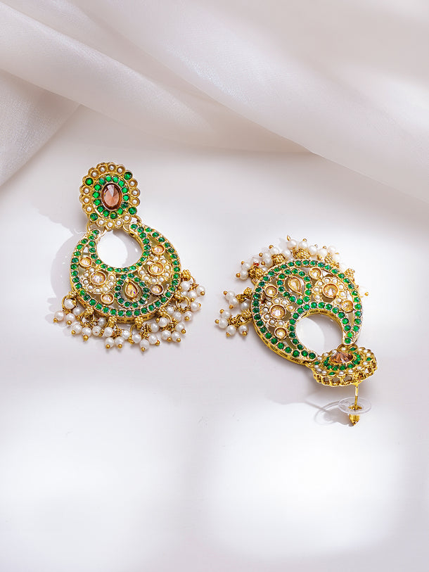 Gold Plated Kundan Pearl Beaded Emerald Necklace Set With MaangTikka