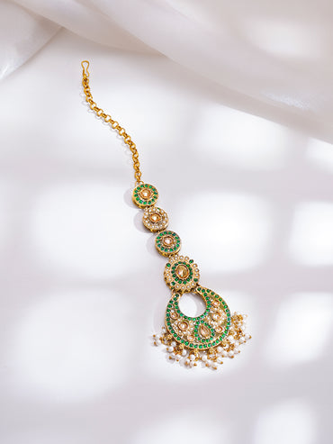 Gold Plated Kundan Pearl Beaded Emerald Necklace Set With MaangTikka