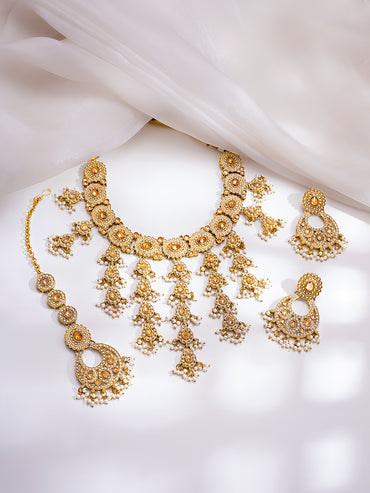 Gold Plated Kundan Pearl Beaded Necklace Set