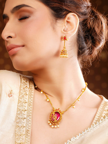 Gold Plated Pearl Beaded Ruby Red Pendant Necklace Set