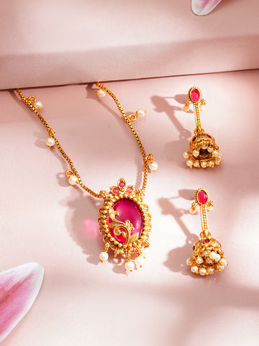Gold Plated Pearl Beaded Ruby Red Pendant Necklace Set