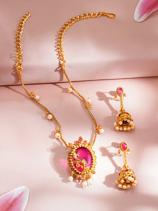 Gold Plated Pearl Beaded Ruby Red Pendant Necklace Set
