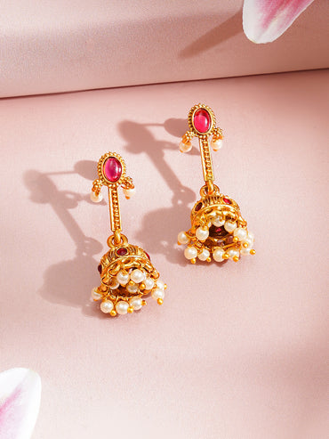 Gold Plated Pearl Beaded Ruby Red Pendant Necklace Set