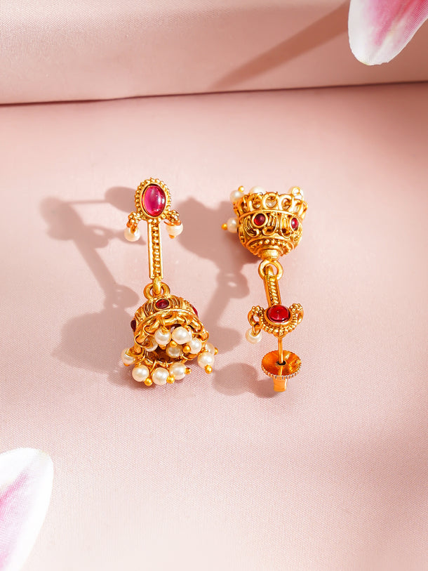 Gold Plated Pearl Beaded Ruby Red Pendant Necklace Set