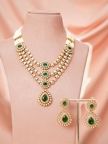 Gold Plated Pearl Beaded Emerald Green Kundan Layered Necklace Set With Maang Tikka