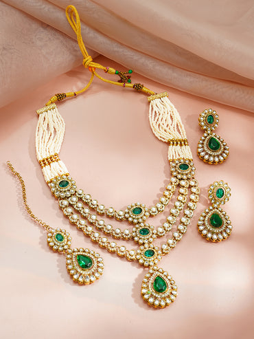 Gold Plated Pearl Beaded Emerald Green Kundan Layered Necklace Set With Maang Tikka