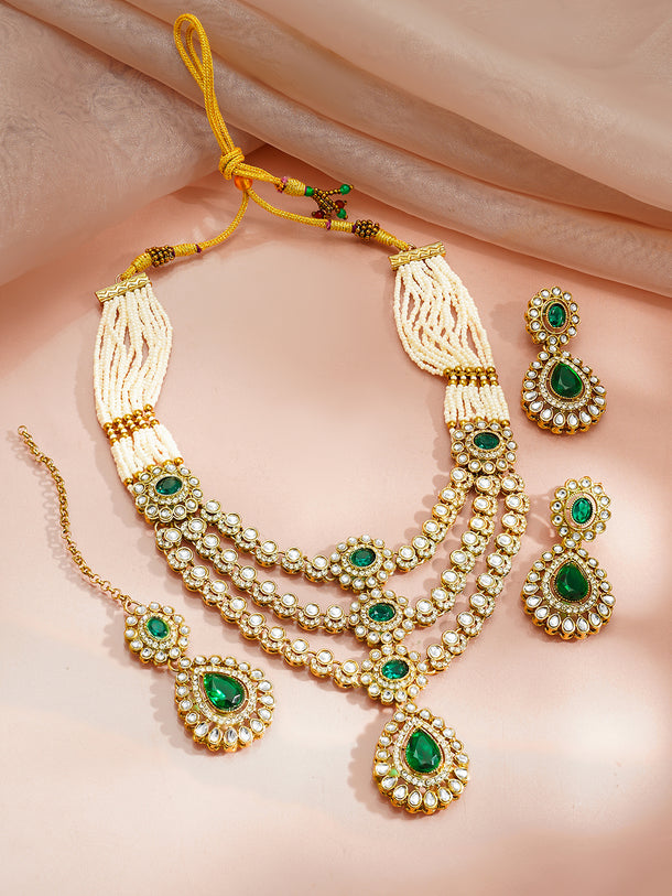 Gold Plated Pearl Beaded Emerald Green Kundan Layered Necklace Set With Maang Tikka