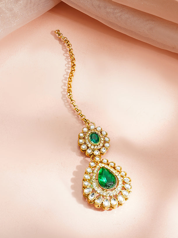 Gold Plated Pearl Beaded Emerald Green Kundan Layered Necklace Set With Maang Tikka