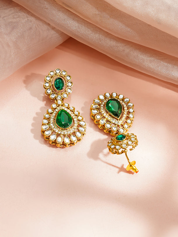 Gold Plated Pearl Beaded Emerald Green Kundan Layered Necklace Set With Maang Tikka