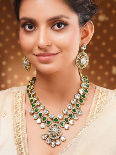 Gold Plated Kundan Dual Layered Emerald Green Necklace Set With MaangTikka