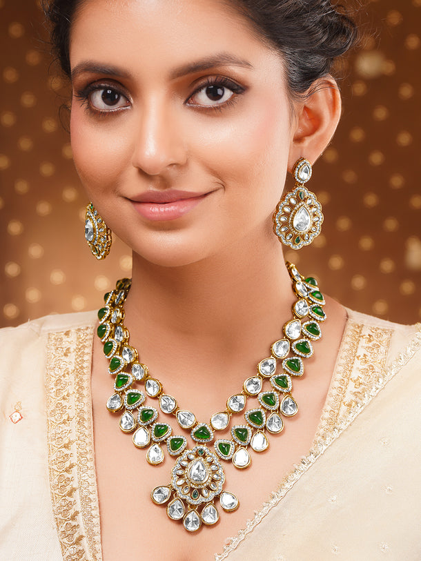 Gold Plated Kundan Dual Layered Emerald Green Necklace Set With MaangTikka