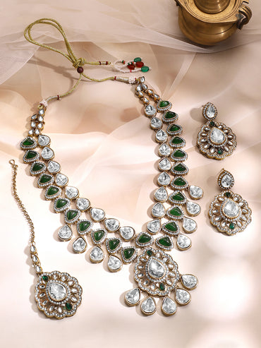 Gold Plated Kundan Dual Layered Emerald Green Necklace Set With MaangTikka