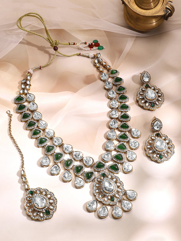 Gold Plated Kundan Dual Layered Emerald Green Necklace Set With MaangTikka