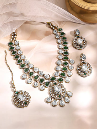Gold Plated Kundan Dual Layered Emerald Green Necklace Set With MaangTikka