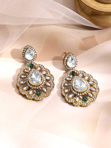 Gold Plated Kundan Dual Layered Emerald Green Necklace Set With MaangTikka