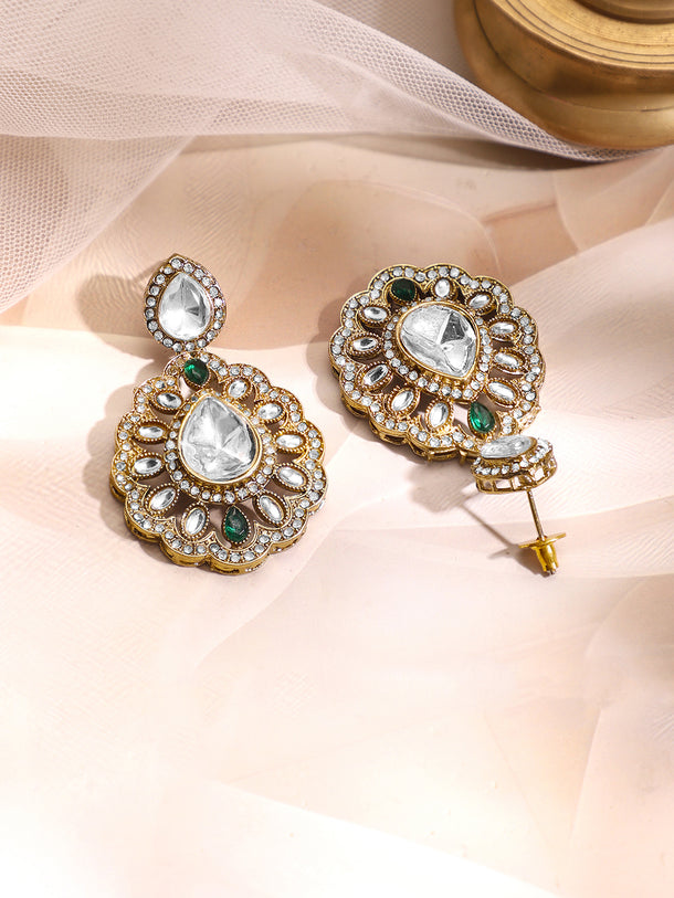 Gold Plated Kundan Dual Layered Emerald Green Necklace Set With MaangTikka