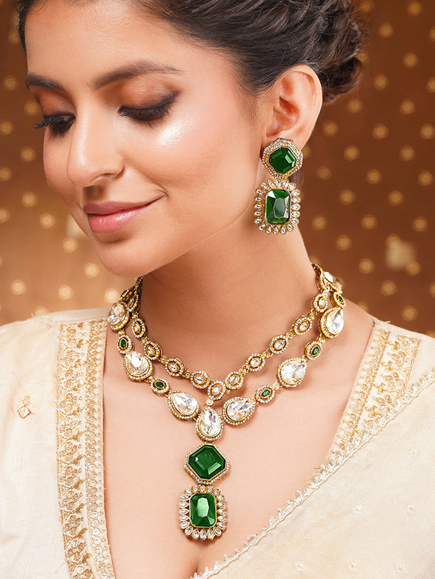 Gold Plated Dual Layered Emerald Necklace Set With Maangtikka