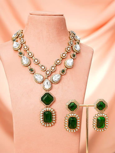 Gold Plated Dual Layered Emerald Necklace Set With Maangtikka