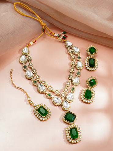 Gold Plated Dual Layered Emerald Necklace Set With Maangtikka