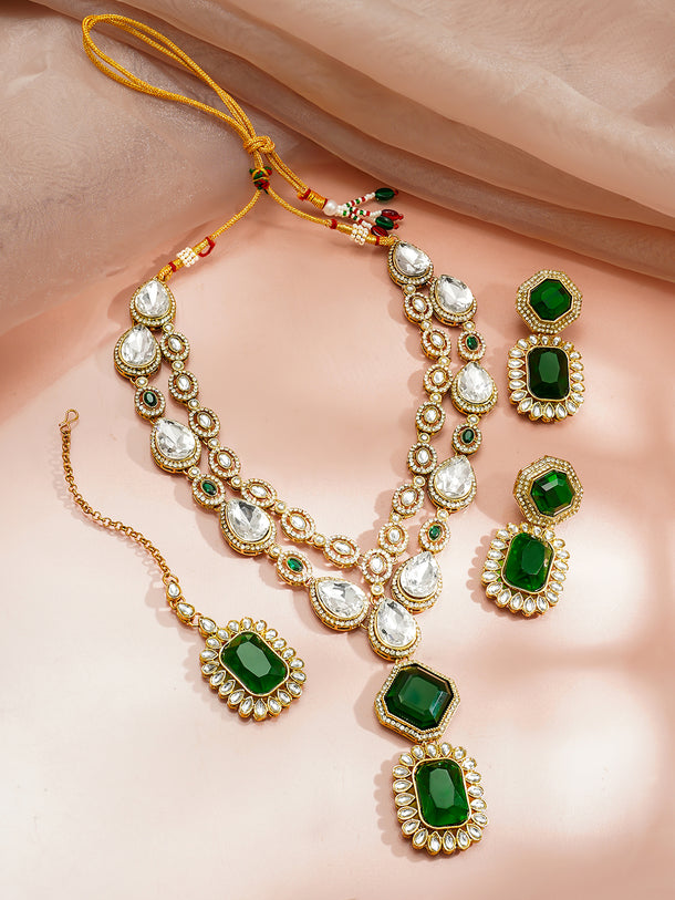 Gold Plated Dual Layered Emerald Necklace Set With Maangtikka