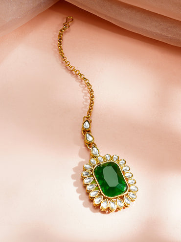 Gold Plated Dual Layered Emerald Necklace Set With Maangtikka