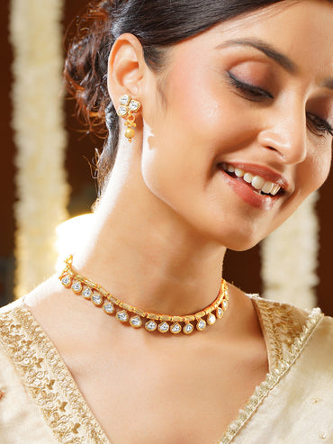 Gold Plated Teardrop Kundan Choker Necklace Set
