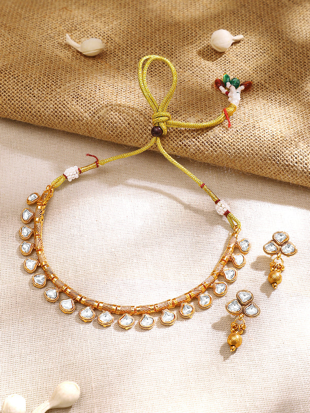 Gold Plated Teardrop Kundan Choker Necklace Set