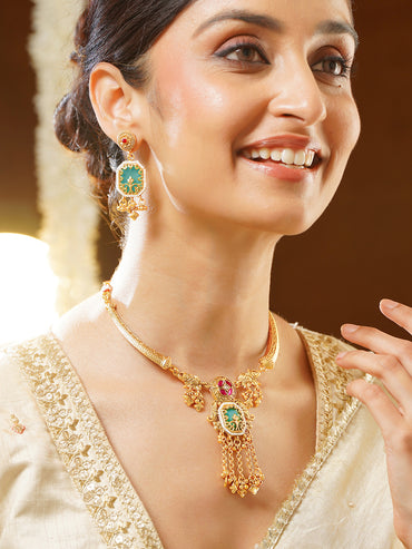 Gold Plated Cubic Zirconia Drop Charm Collar Necklace Set