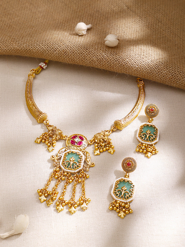 Gold Plated Cubic Zirconia Drop Charm Collar Necklace Set
