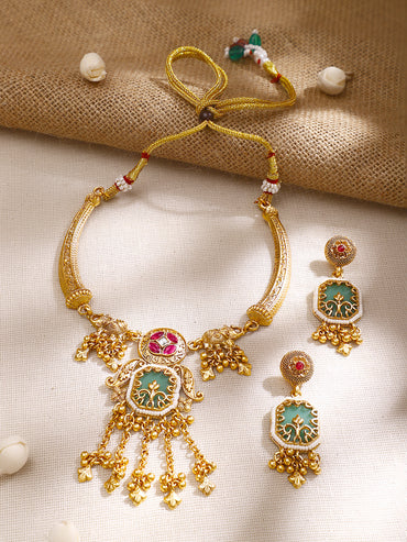 Gold Plated Cubic Zirconia Drop Charm Collar Necklace Set