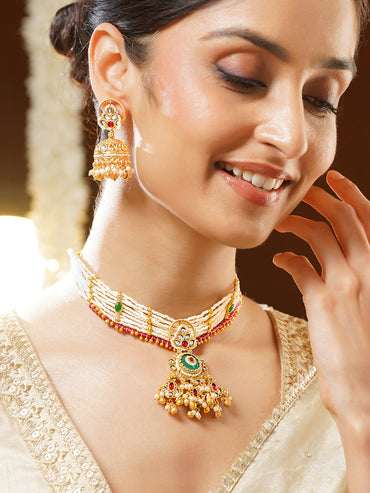 Gold Plated Pearl Strand Jhumka Choker Set