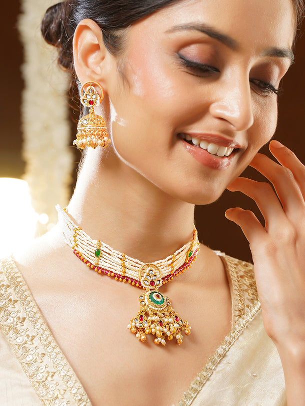 Gold Plated Pearl Strand Jhumka Choker Set
