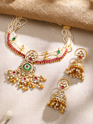 Gold Plated Pearl Strand Jhumka Choker Set
