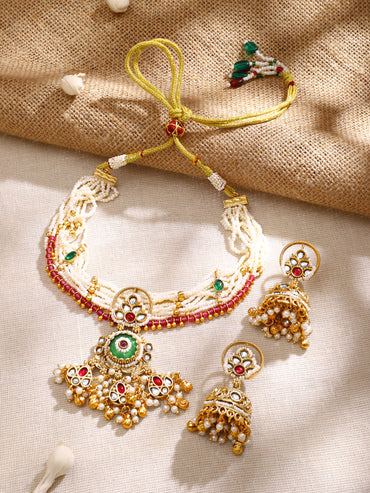 Gold Plated Pearl Strand Jhumka Choker Set
