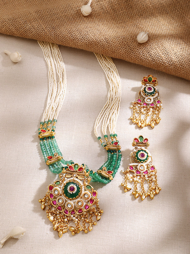 Gold Plated Pearl Layered Bead Pendant Necklace Set