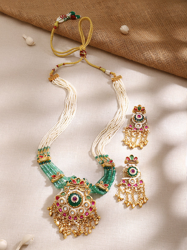 Gold Plated Pearl Layered Bead Pendant Necklace Set