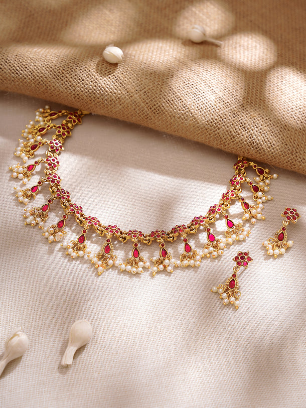 Gold Plated Ruby Dew Kemp Pearl Cascade Choker Set