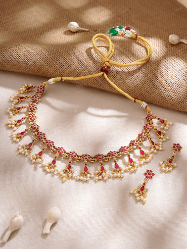 Gold Plated Ruby Dew Kemp Pearl Cascade Choker Set