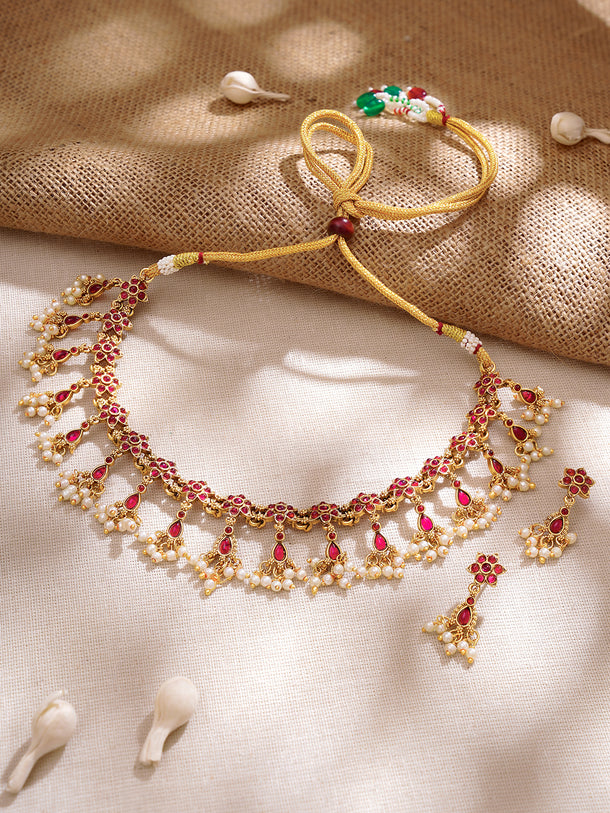 Gold Plated Ruby Dew Kemp Pearl Cascade Choker Set