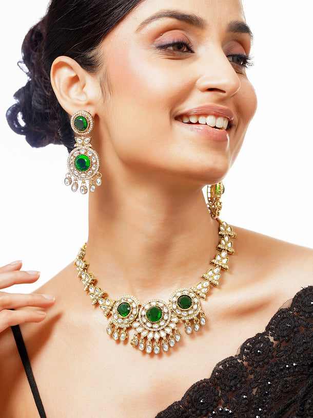 Gold Plated Royal Emerald Kundan Choker Set