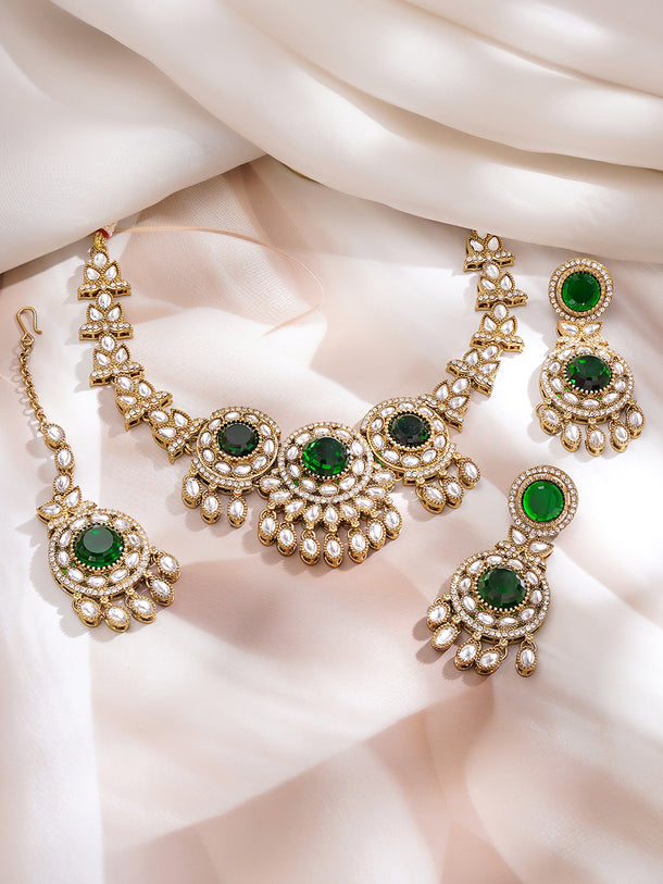 Gold Plated Royal Emerald Kundan Choker Set