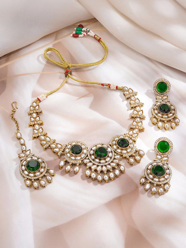 Gold Plated Royal Emerald Kundan Choker Set
