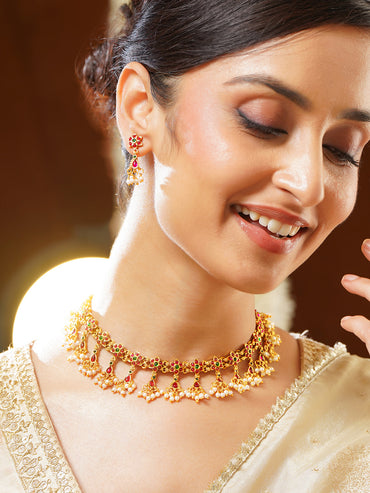 Gold Plated Ruby Blossom Kemp Pearl Drop Gold Choker Set