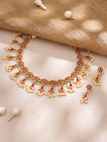 Gold Plated Ruby Blossom Kemp Pearl Drop Gold Choker Set